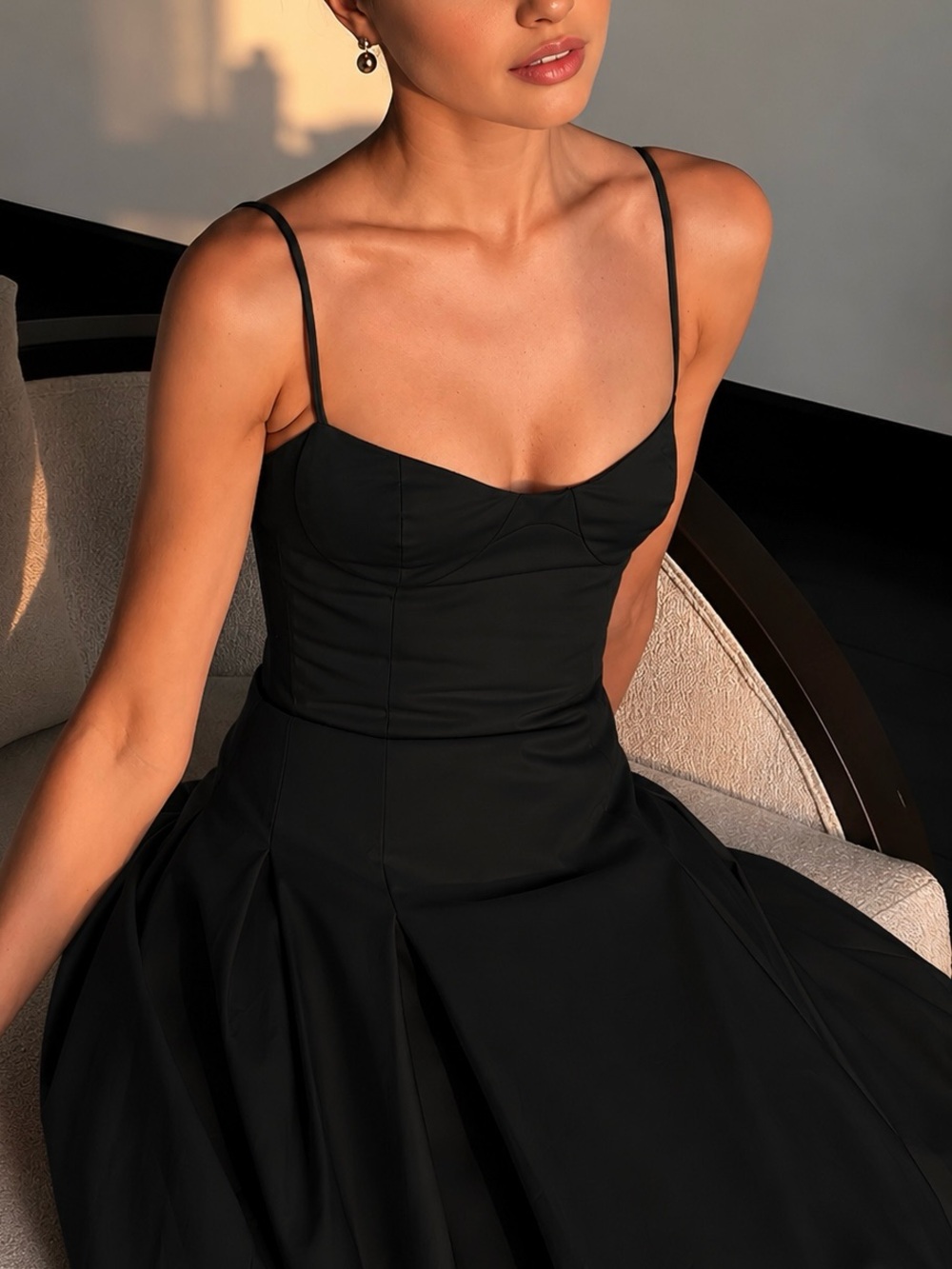 Commense Black Pleated Cami Maxi Dress NWT XS Minimalist Formal - Picture 2 of 9